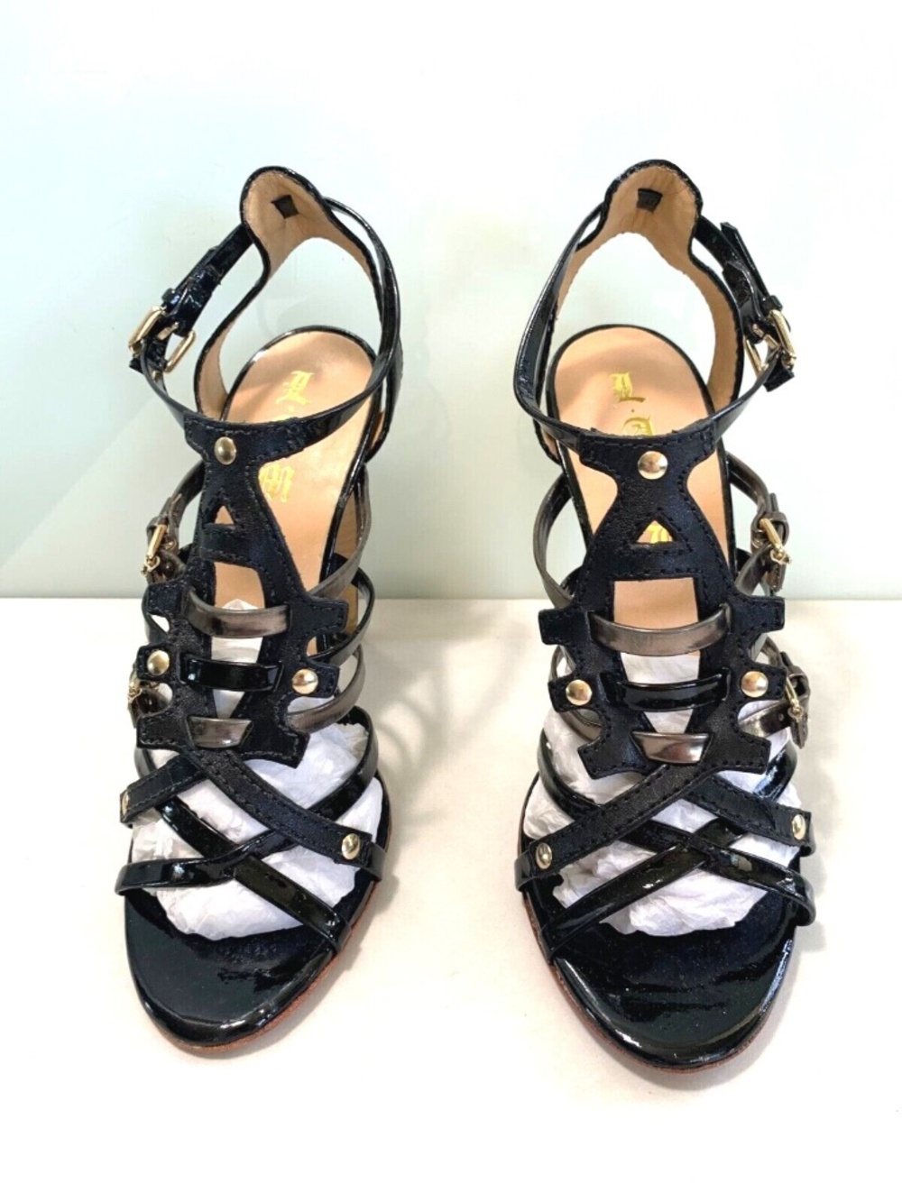 L.A.M.B. Black Patent Strappy Heels with Silver Ring Details